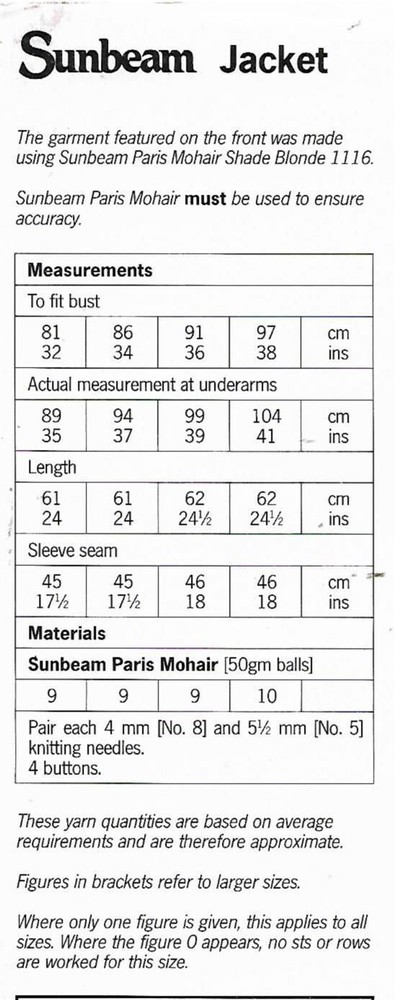 SUNBEAM 1203: JACKET SIZE 81-97cm or 32-38" SEWING PATTERN