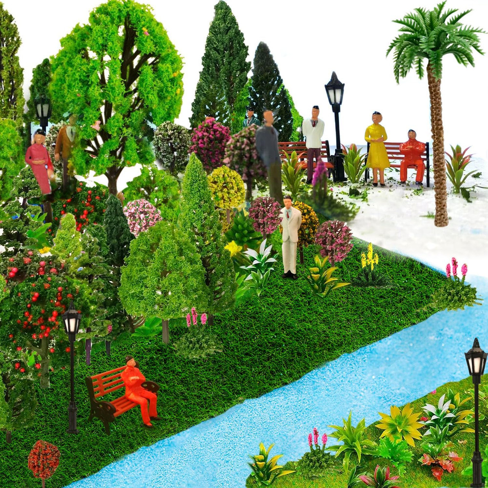 Model Scenery Kit, 47Pcs, Painted Figures, Model Train Scenery, Miniature Trees,