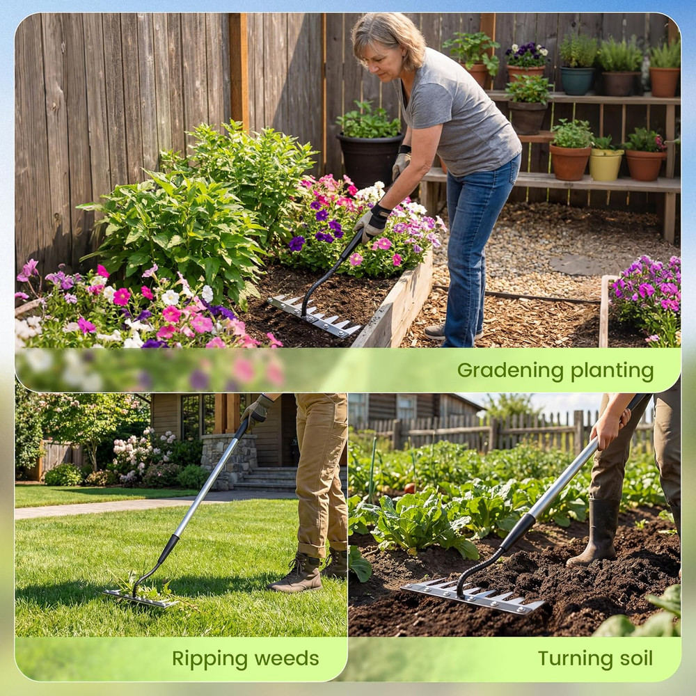Iron Weeding Rake with Long Handle - Upgraded 8 Teeth Weed Puller Tool, Heavy Du