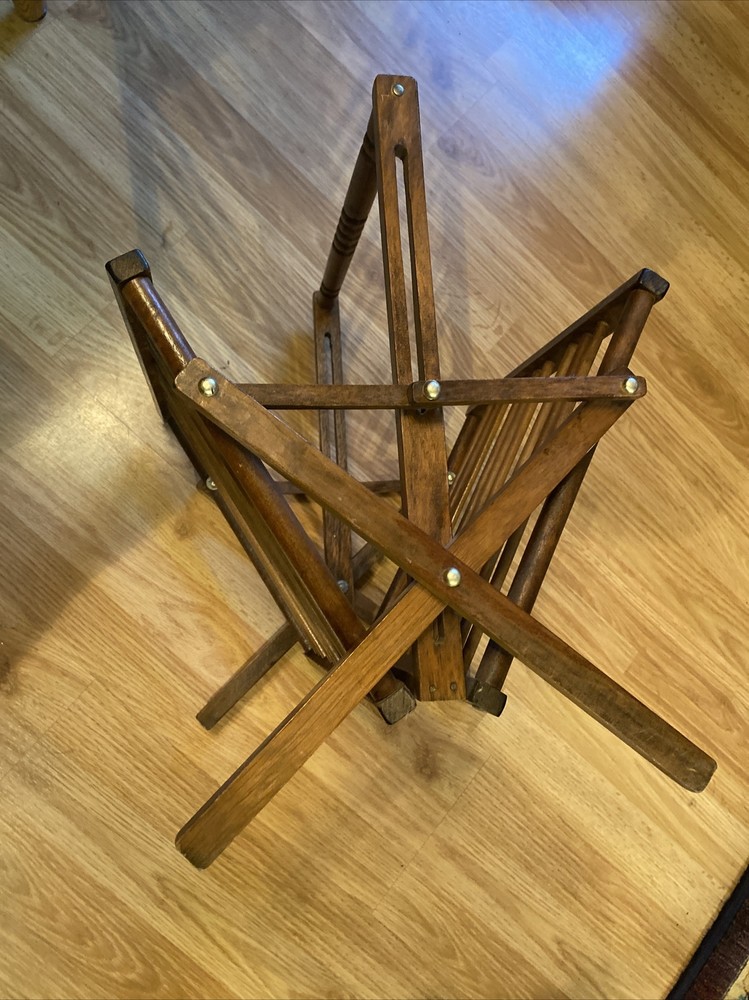 Vtg Folding Hinged Collapsing Wood Magazine Rack