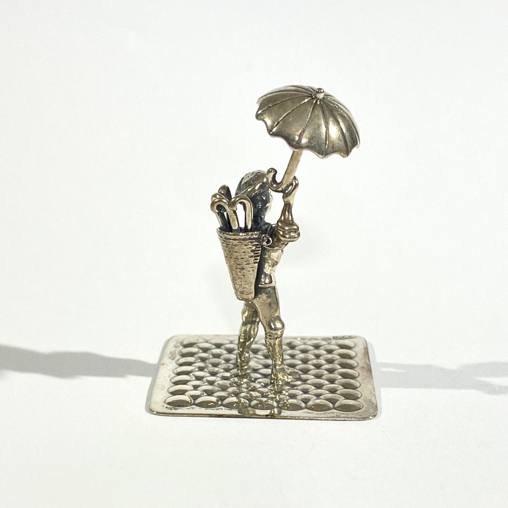 vintage solid silver Man with umbrella miniature, hallmarked Dutch figurine