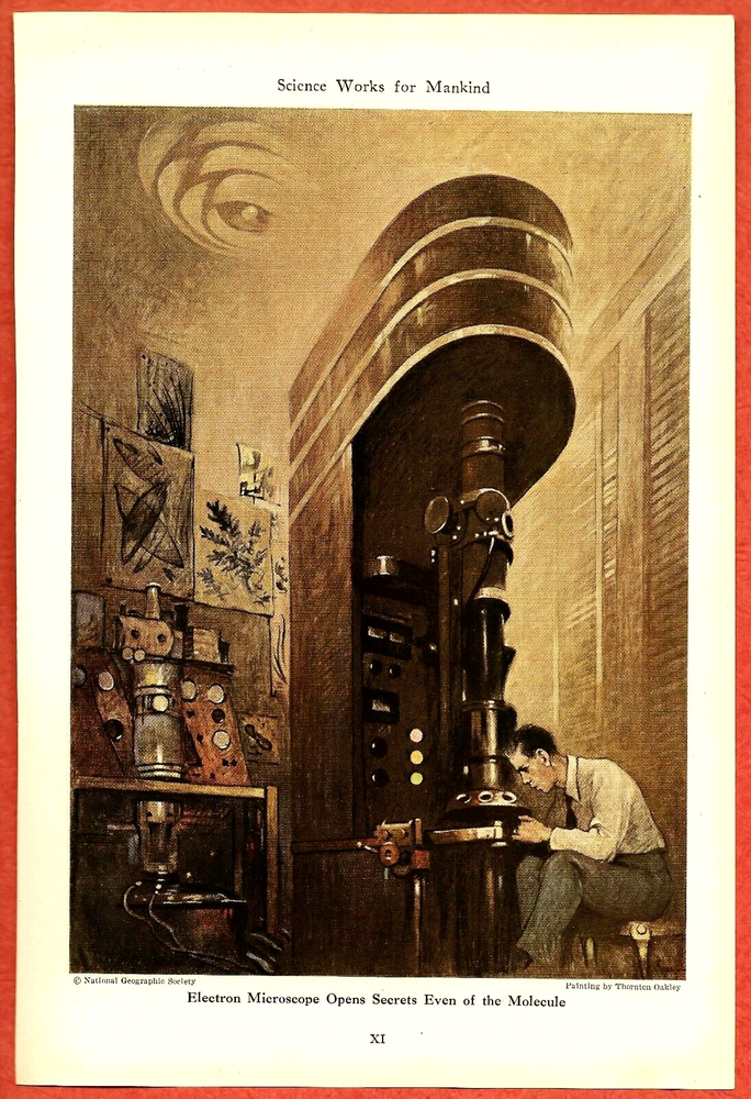 1945 Illustration THORNTON OAKLEY~ Electron Microscope Opens Secrets of Molecule
