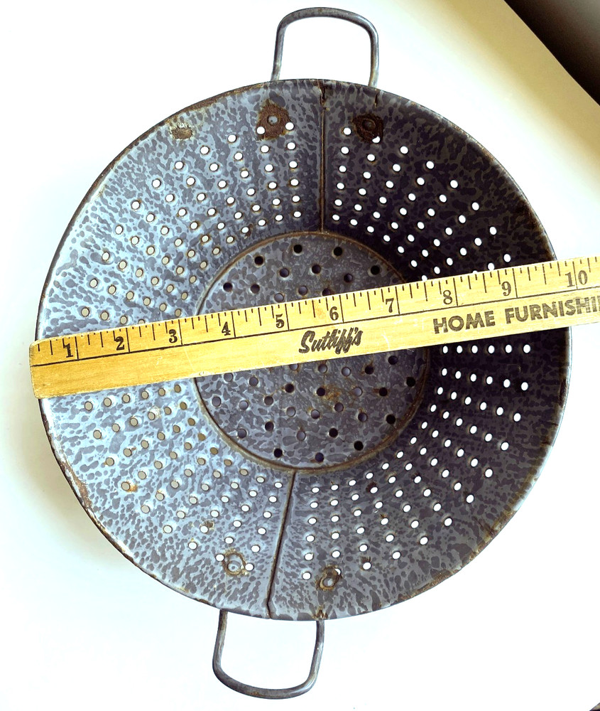 Antique Granite Ware Gray Enamelware Colander Primitive Farm Kitchen Strainer