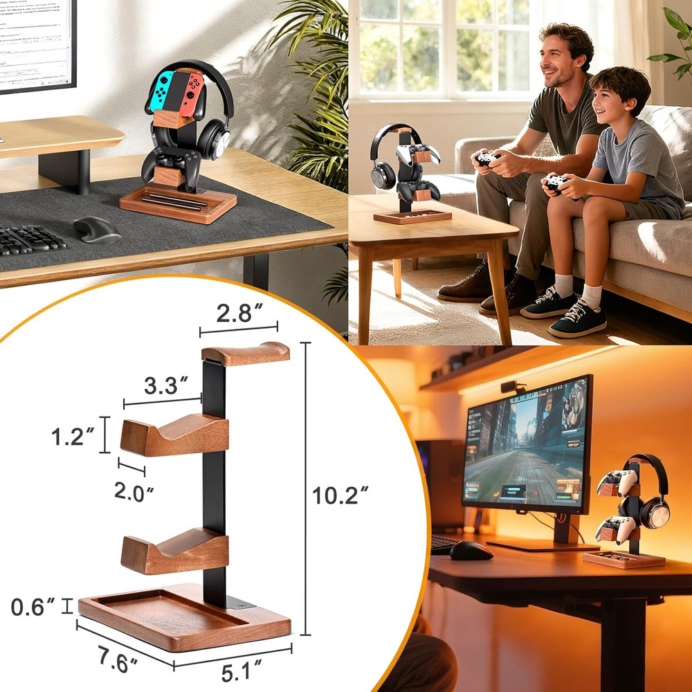 Solid Wood Controller Holder and Headphone Stand, Gaming Controller Stand for De