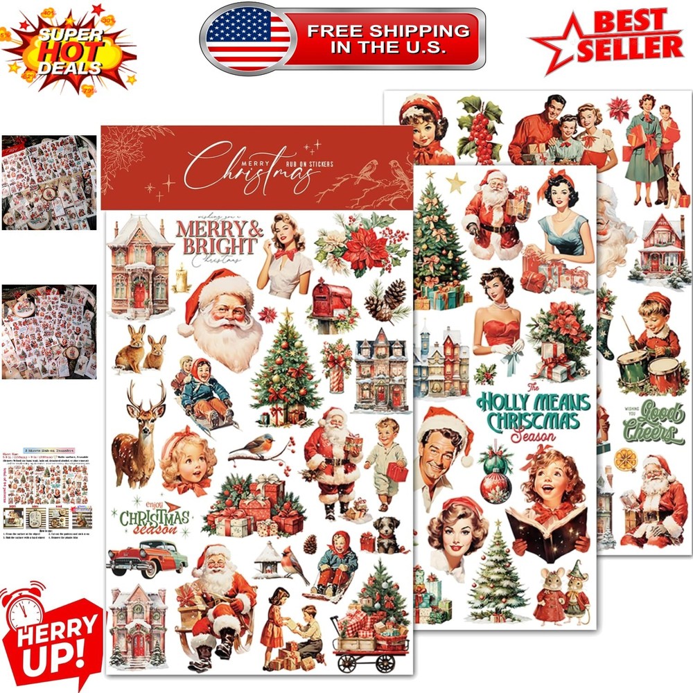 Multipurpose Christmas Themed Rub-On Transfers – 3 Sheets for Crafting Fun
