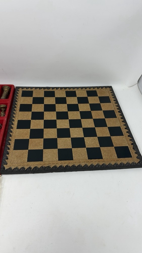 Vintage Brass Chess Set With Leather Gameboard