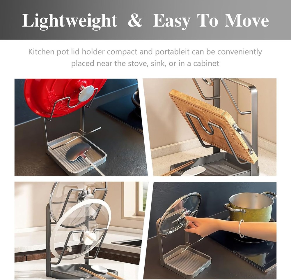 Kitchen Pot Lid Storage Rack Pot Lid Holder While Cooking + Removable Drip Tray
