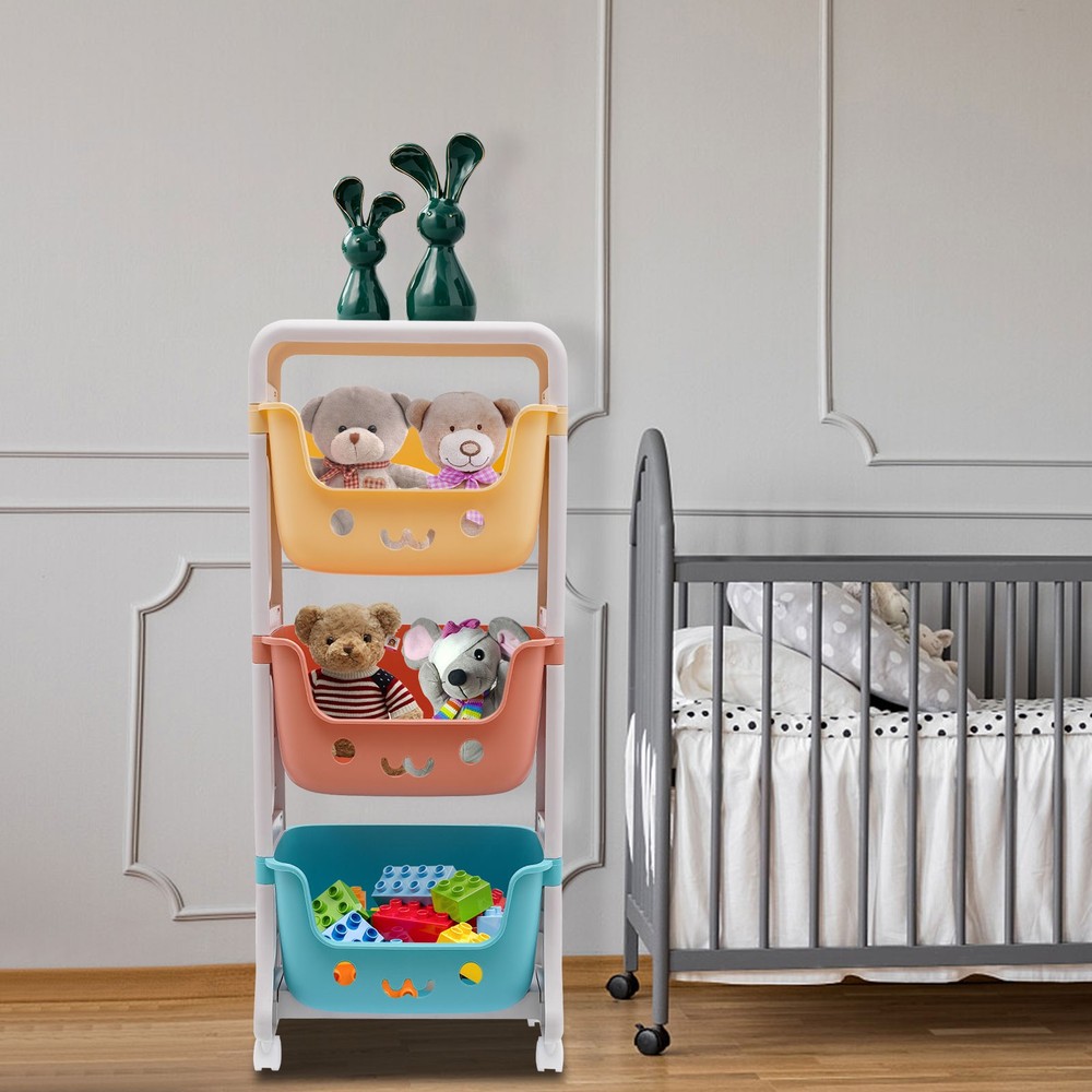 Storage Organizer, 3-Tier Stackable Rolling Cart, Storage Bins Organizer+Wheels