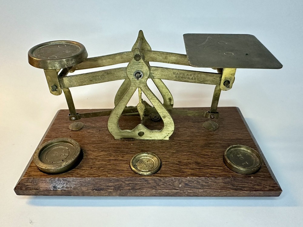 Vintage Brass postal scale, Wood Base With Three Weights.