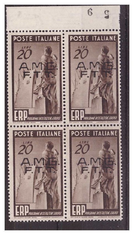 Trieste A - 1949 ERP 20 Lire Quartina New ** MNH