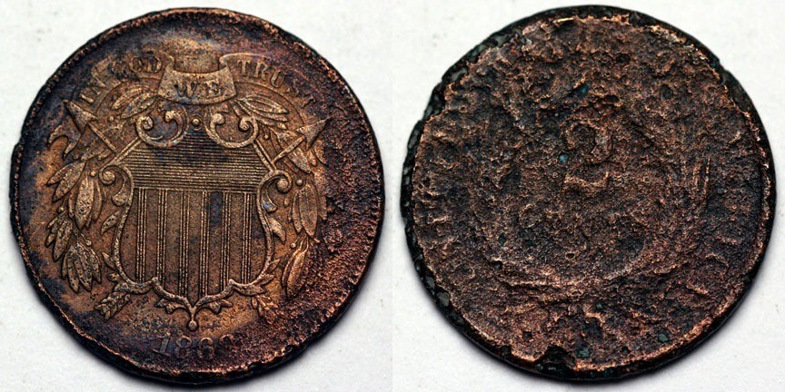 1868 Two Cent Piece - Corroded