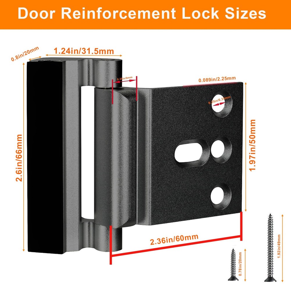 Home Security Door Reinforcement Lock, Upgraded Front 2 Pack, Black