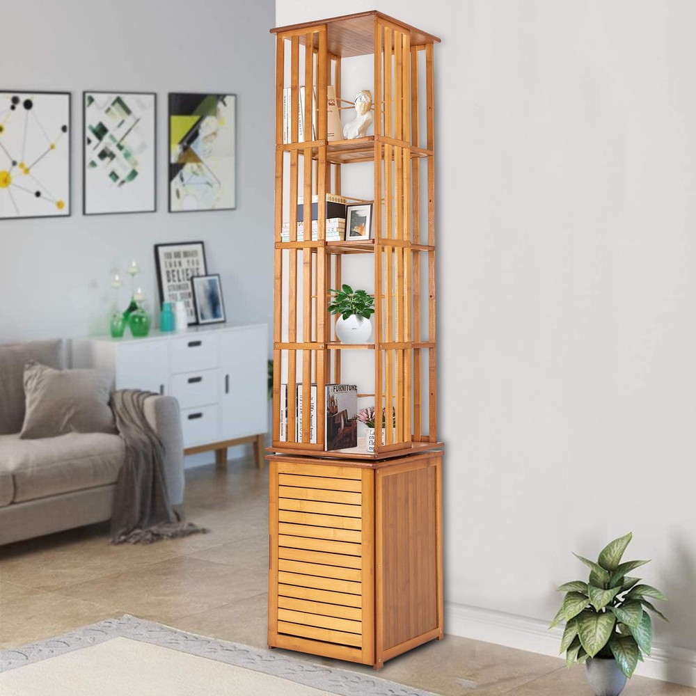 6-Tier Home Office Corner Book Shelf Bamboo 360° Rotating Storage Display Rack