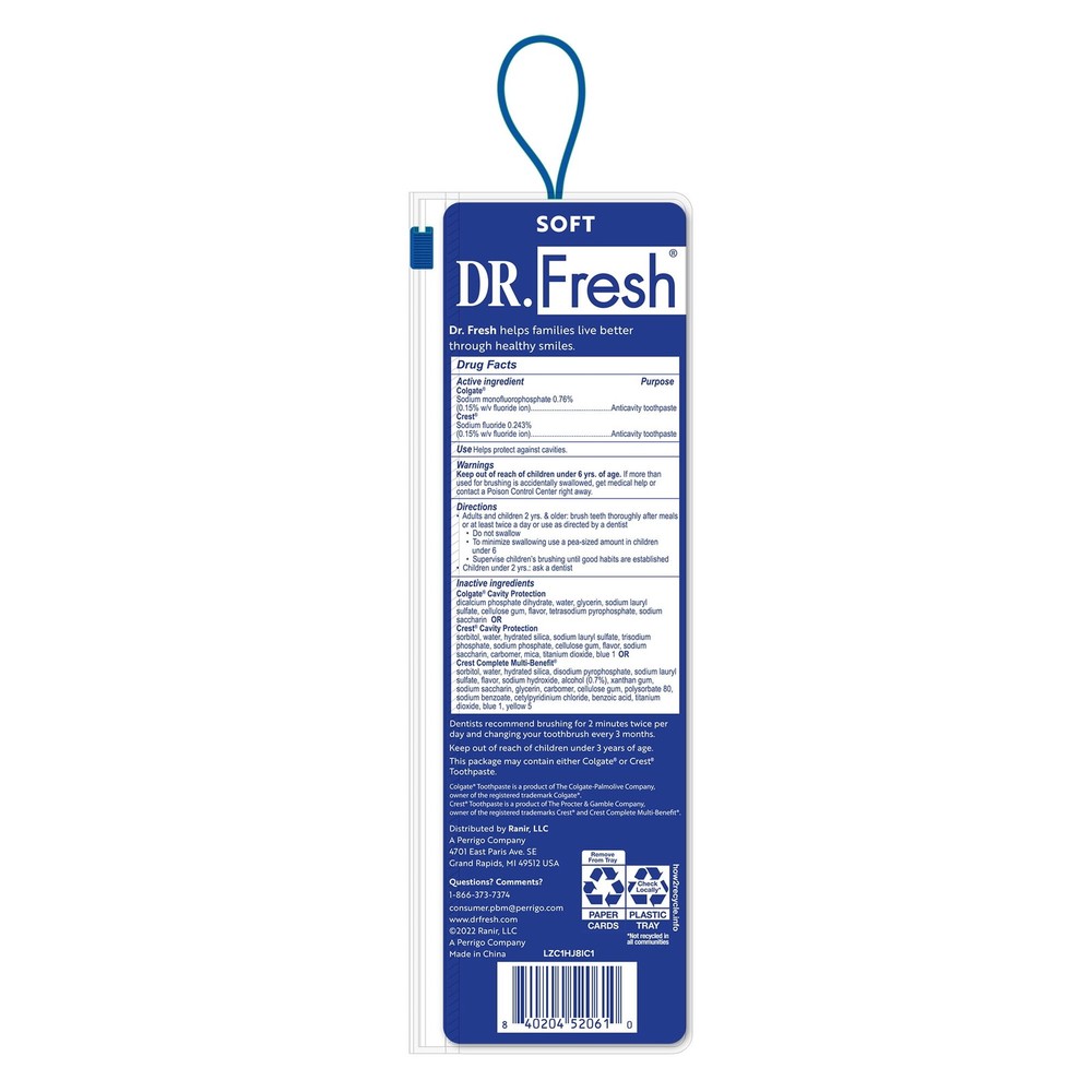 Dr. Fresh Travel Toothbrush Kit w/ Cap & Toothpaste Soft New (2 Pack)
