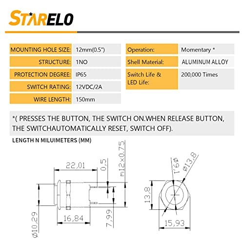 5pcs 12mm Momentary Push Button Switch Black Shell with pre 12mm Black Shell