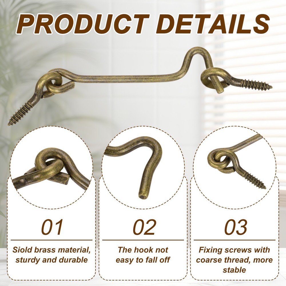 2Pcs Cabin Hook Eye Latch, 3" Solid Brass Eye Latch Hook with Screws, Bronze