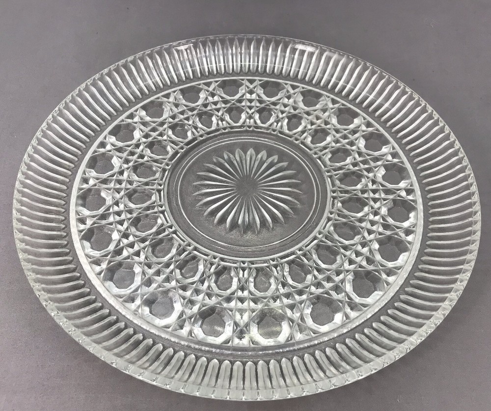 Vintage Pressed Glass Platter Diamond button Pattern 11" Cake Clear Beautiful