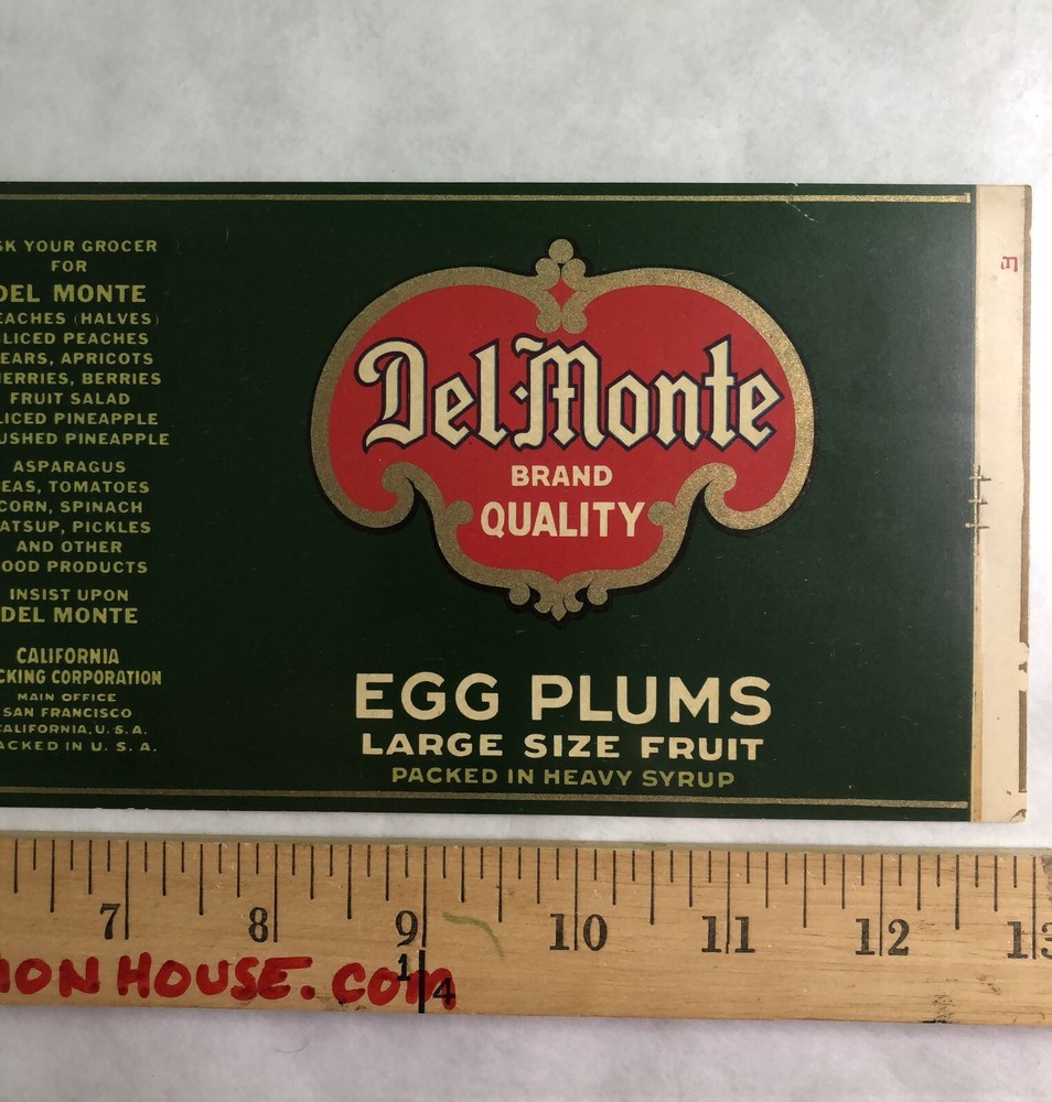 Vintage Ca 1930 DEL MONTE Egg Plums CAN LABEL Unused CA Packing