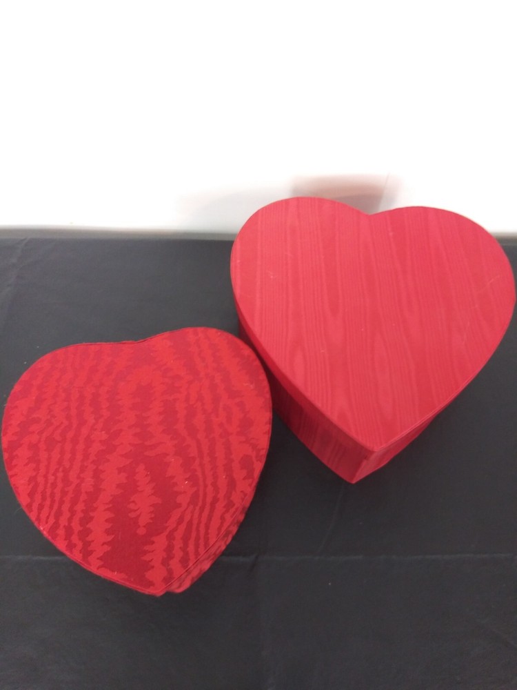 2 Red Fabric Covered Stacking Nesting Heart Boxes Satin Moire & Brocade Wedding