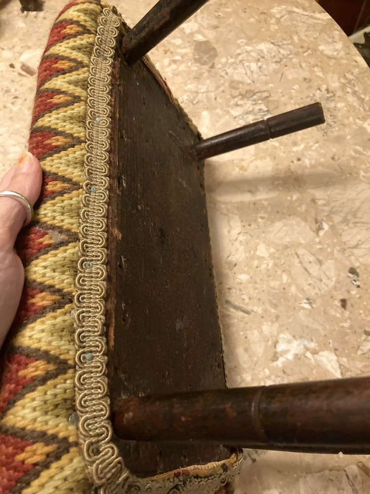 Antique Cricket Stool Zig Zag Needlepoint Top Foot Stoop