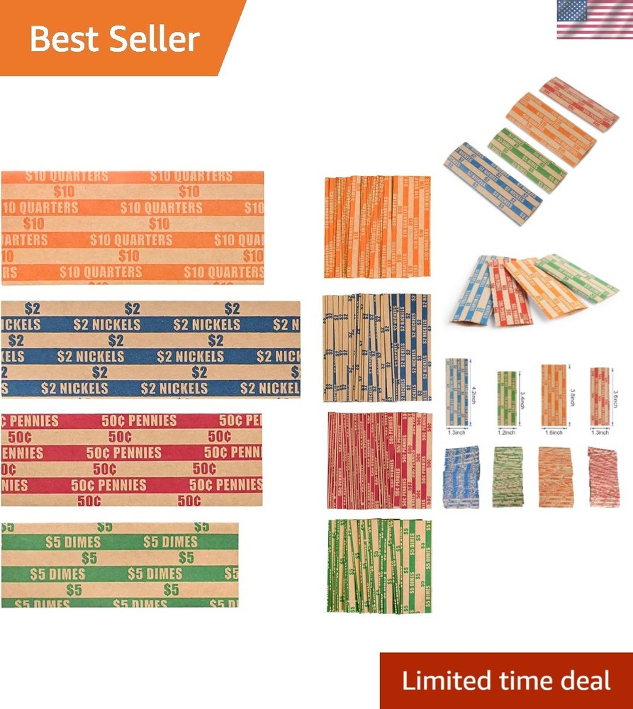 Precision-Sized 100 Assorted Coin Roll Wrappers for Effortless Coin Handling
