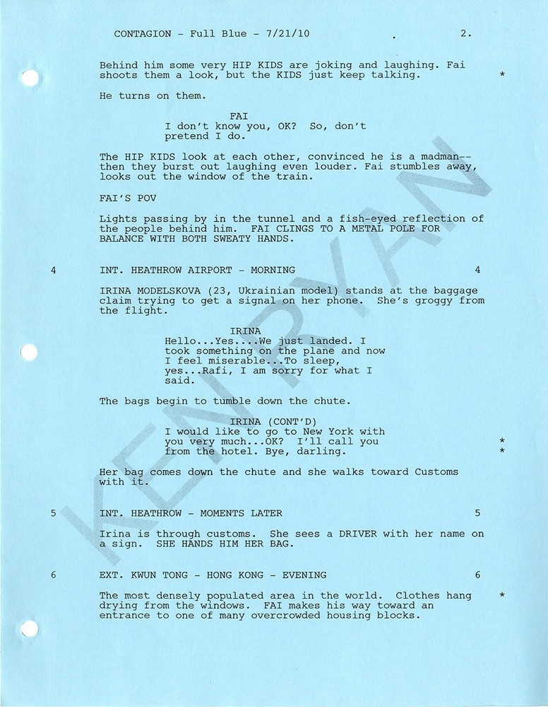 CONTAGION (Jul 21, 2010) Full Blue script for Steven Soderbergh medical thriller