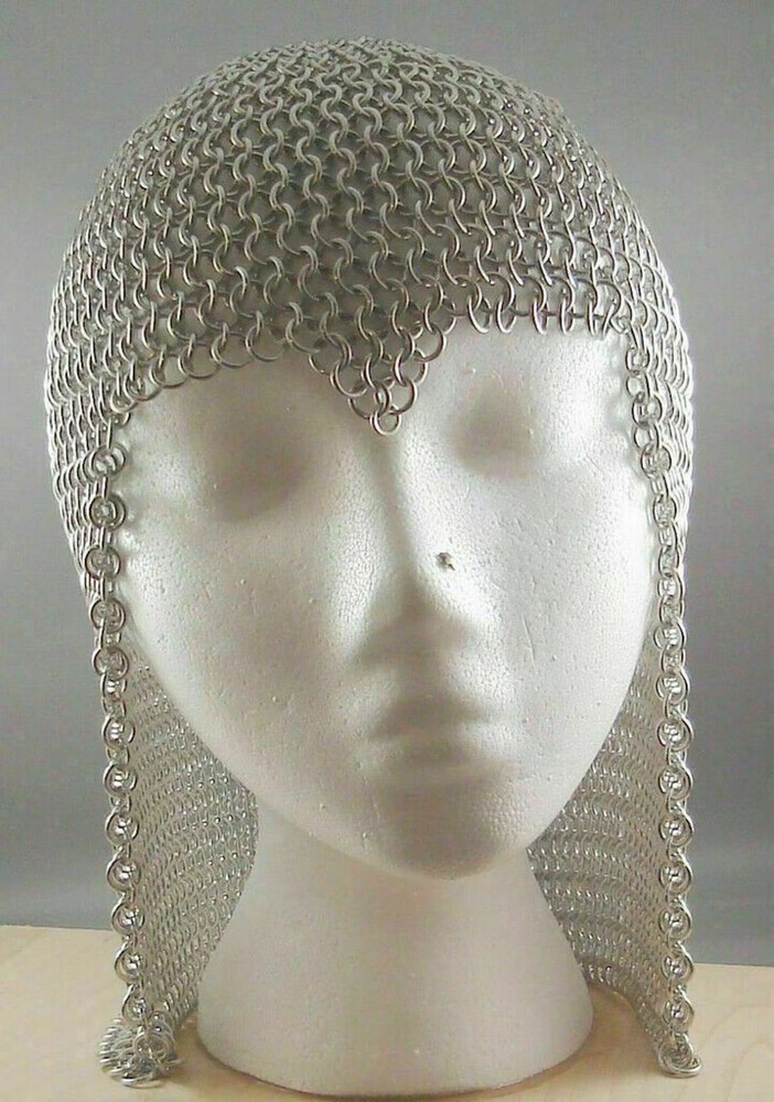 Medieval chainmail coif with rounded crown and extended ear flaps, handmade