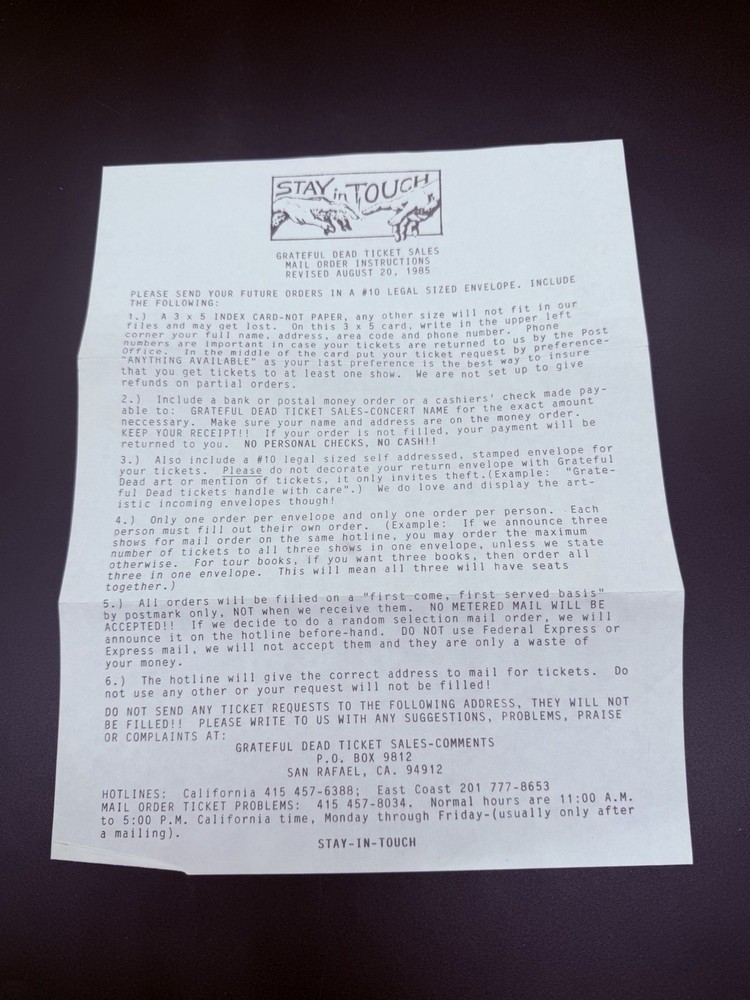 🔥 Grateful Dead Ticket Sales Mail Order Instructions 🔥