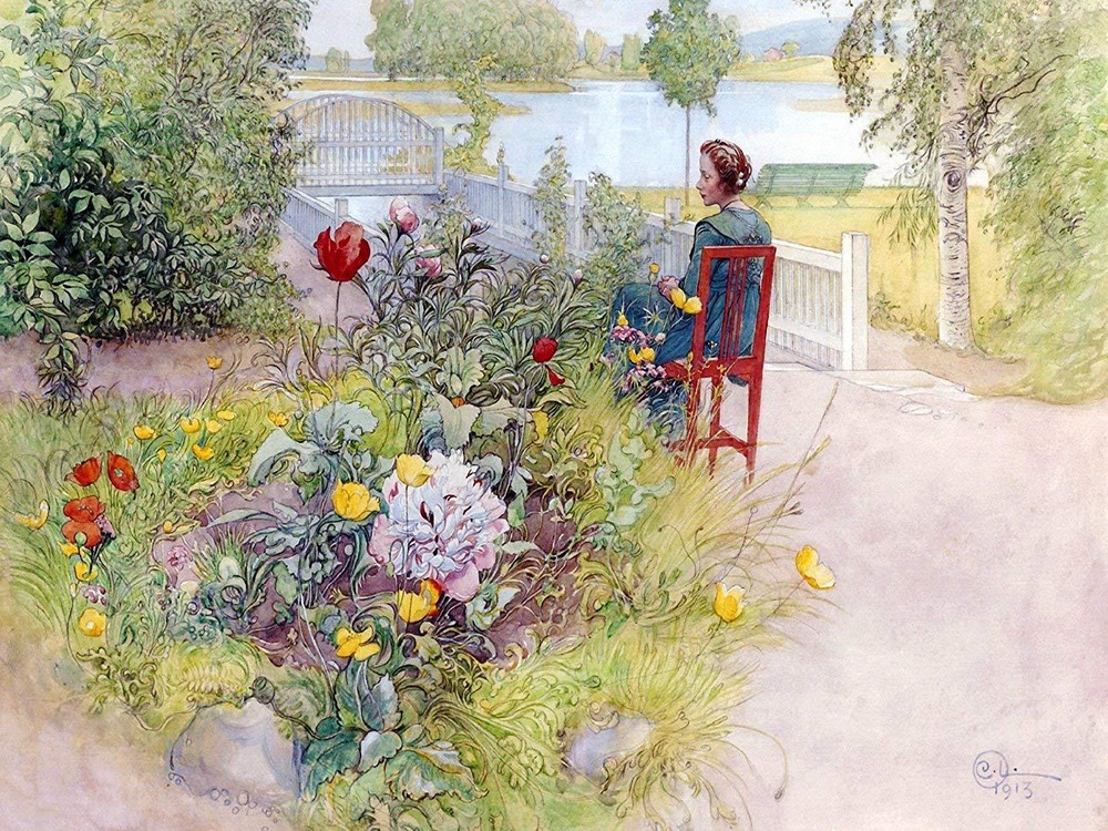 garden flowers river by C. Larsson Tile Mural Kitchen Backsplash Ceramic 10x8