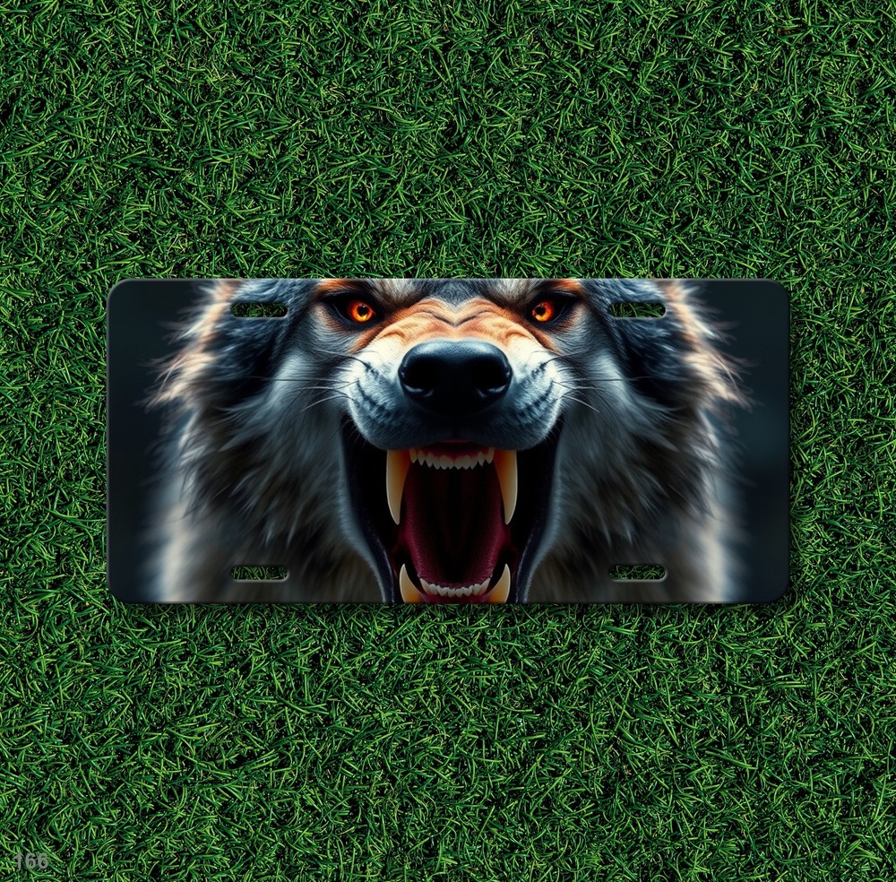 Hyperrealistic Wolf License Plate Snarling Design Optional Text Decorative Plate