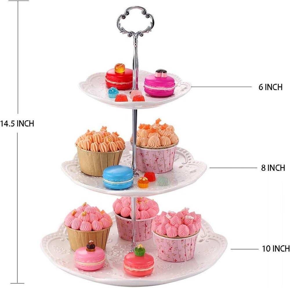 Pure White Ceramic 3-Tier Dessert Tray with Silver Bracket - Easy Assembly