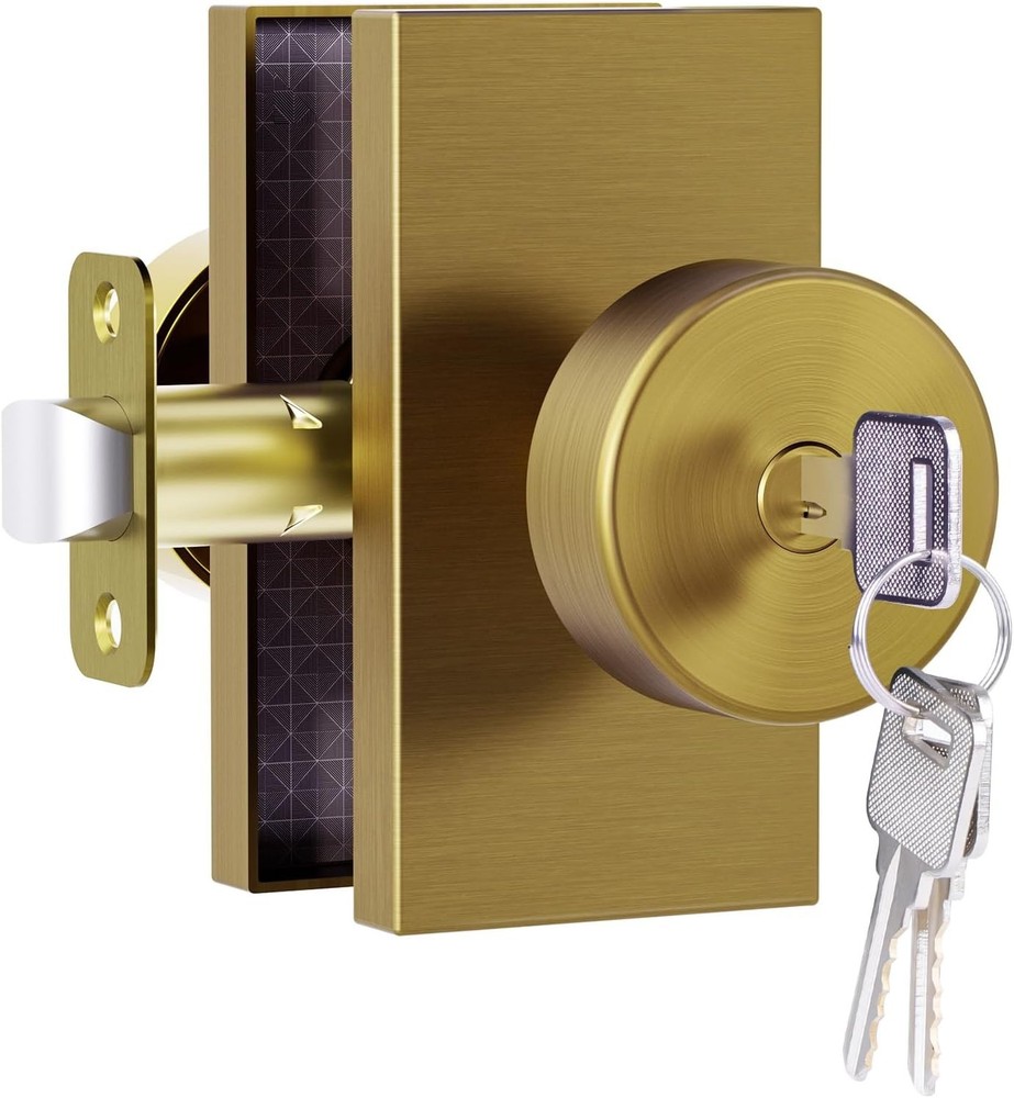 Front Door Door Lock w/ Key & 4 Matching Dummy Interior Door Knobs Antique Brass