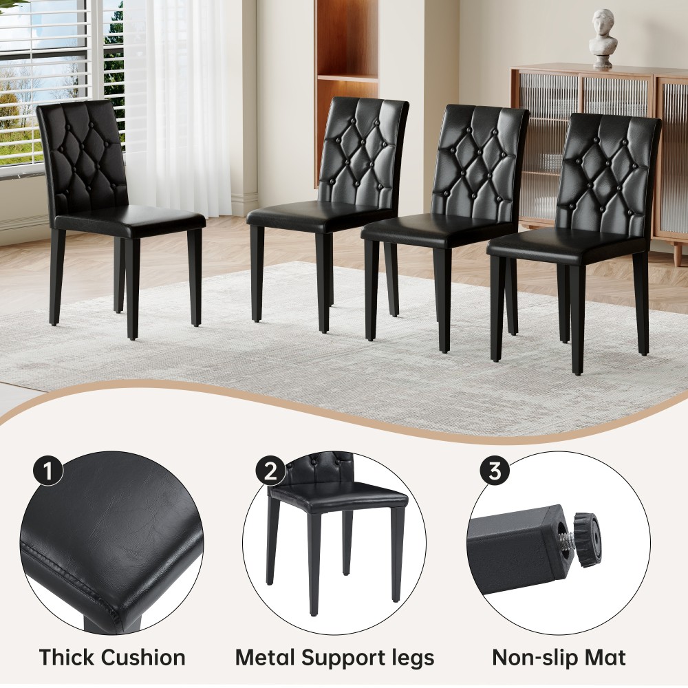 Black MDF Dining Table Set w/4 PU Chairs, Retro Modern Style