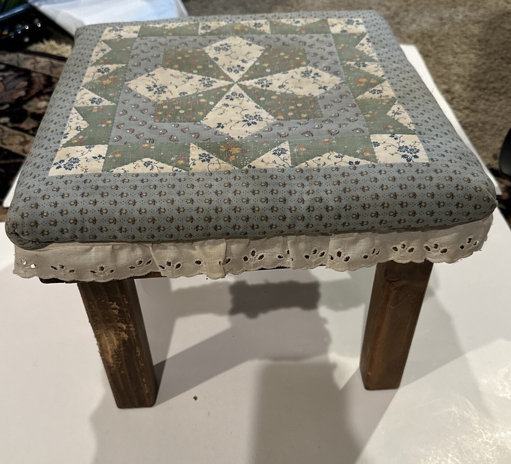 Vintage Solid Wood Upholstered Vanity Bench Footstool Seat
