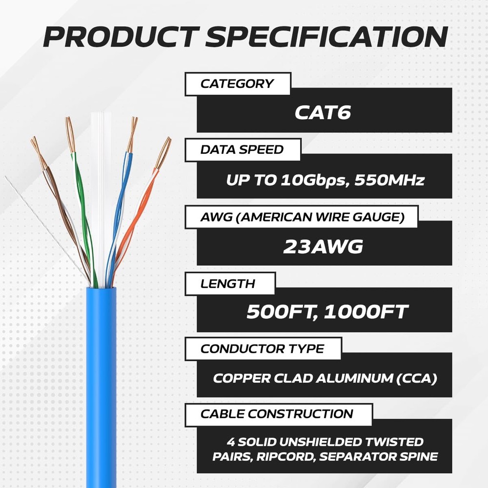 CAT6 Ethernet Cable 1000ft Pull Box Solid UTP 23AWG 550Mhz CCA Bulk Blue Wire