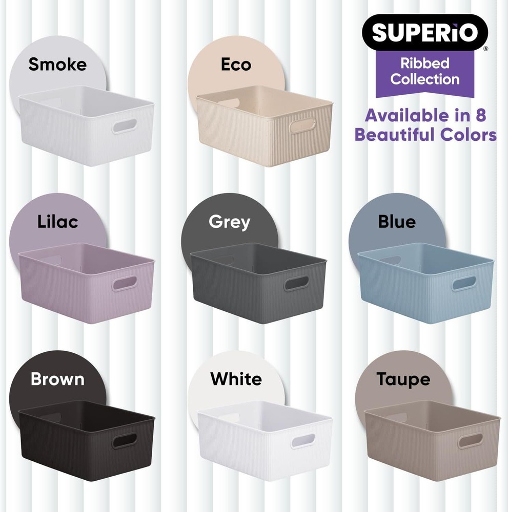 Superio 15L Medium Ribbed Storage Bin- Plastic Storage Bin (2 Pack, Stone Blue)