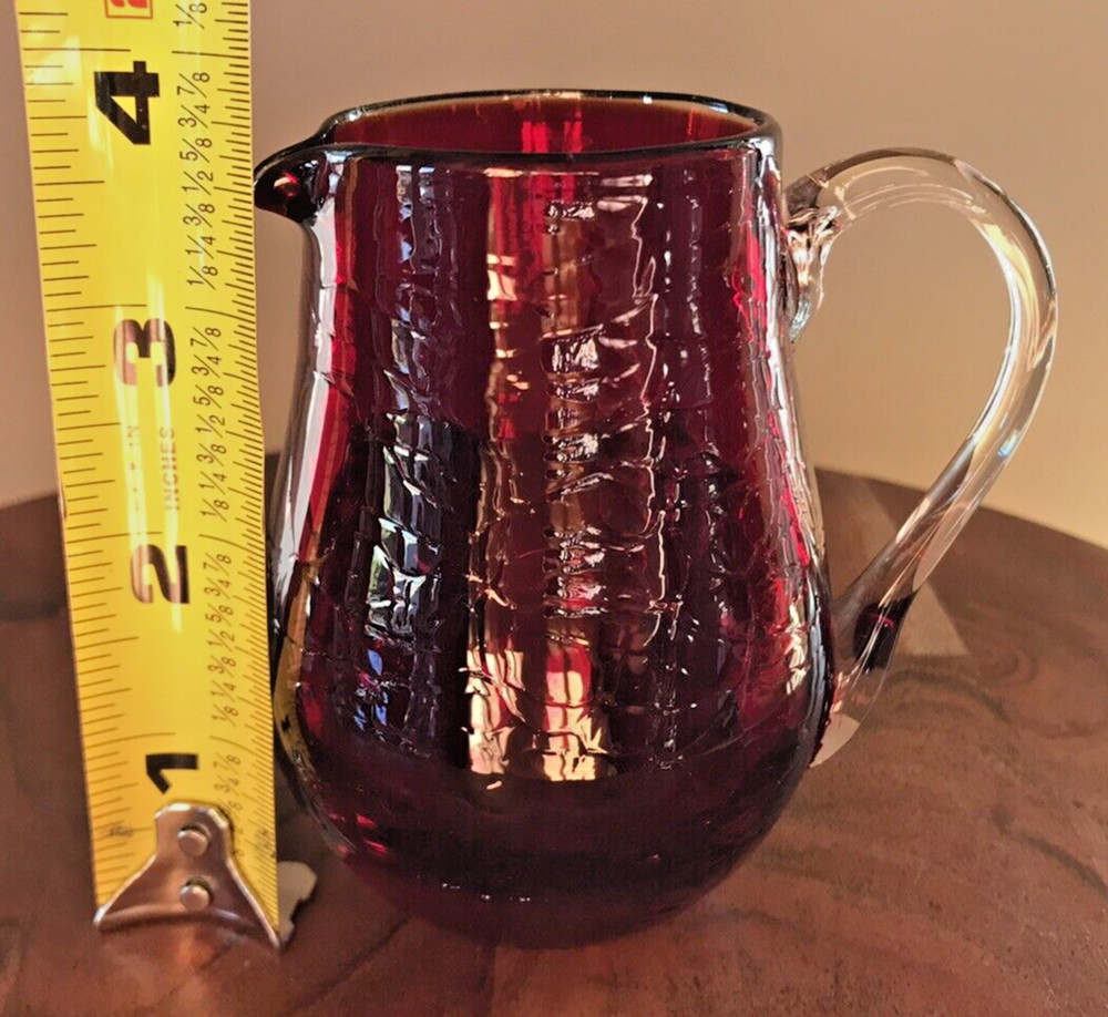 Hand Blown Ruby Red Crackle Glass Pitcher Clear Handle Pontil 3.75"