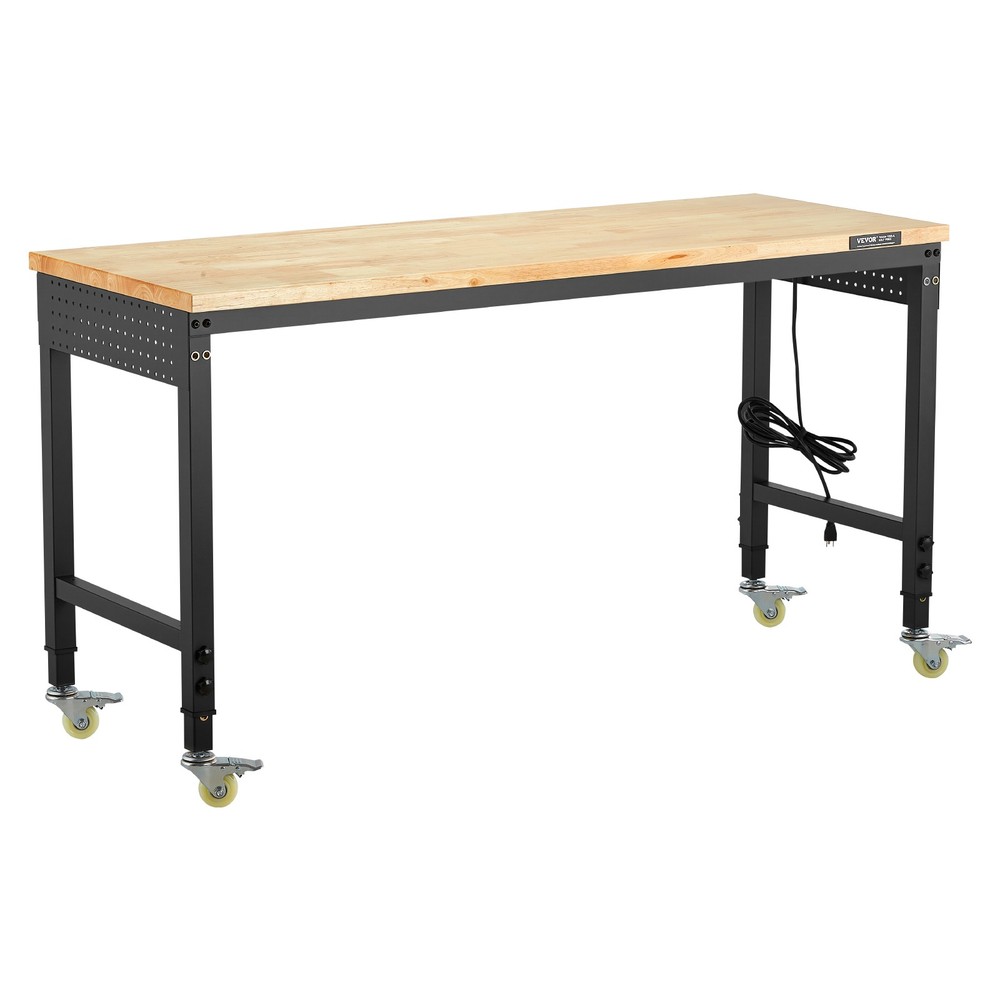 VEVOR 60"Workbench on Wheels Adjustable Height Table with Power Outlet &Pegboard