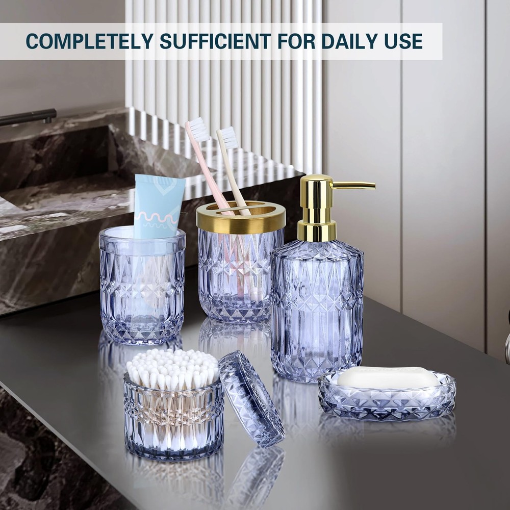 Blue Bathroom Accessory Set, 5 PCS Glass Set for Decor,