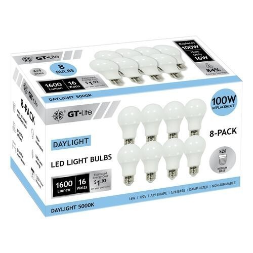 8-Pack A19 LED Light Bulbs 100 Watt Equivalent 5000K Daylight 1600 lumen