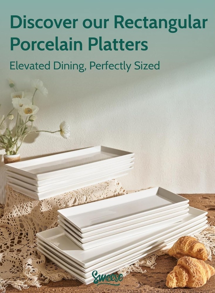 White Serving Platters, Porcelain Serving Trays for Parties, Large Rectangular P