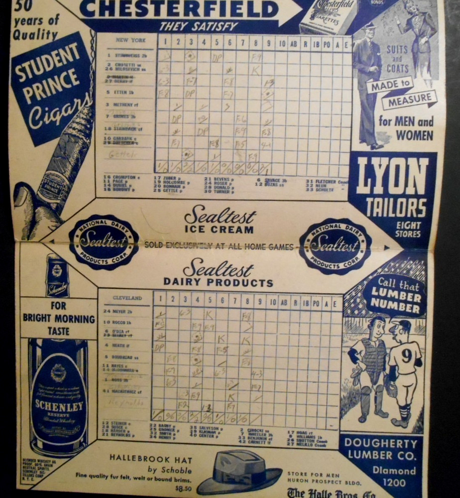 July 4, 1945 Cleveland Indians vs New York Yankees Game 2 Doubleheader Program