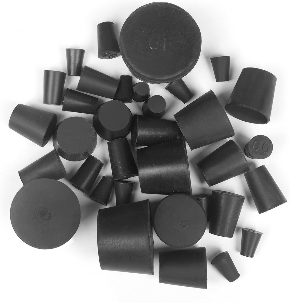 34 Pack Solid Rubber Stoppers 13 Assorted Sizes 000# - 10# Black Tapered Lab B