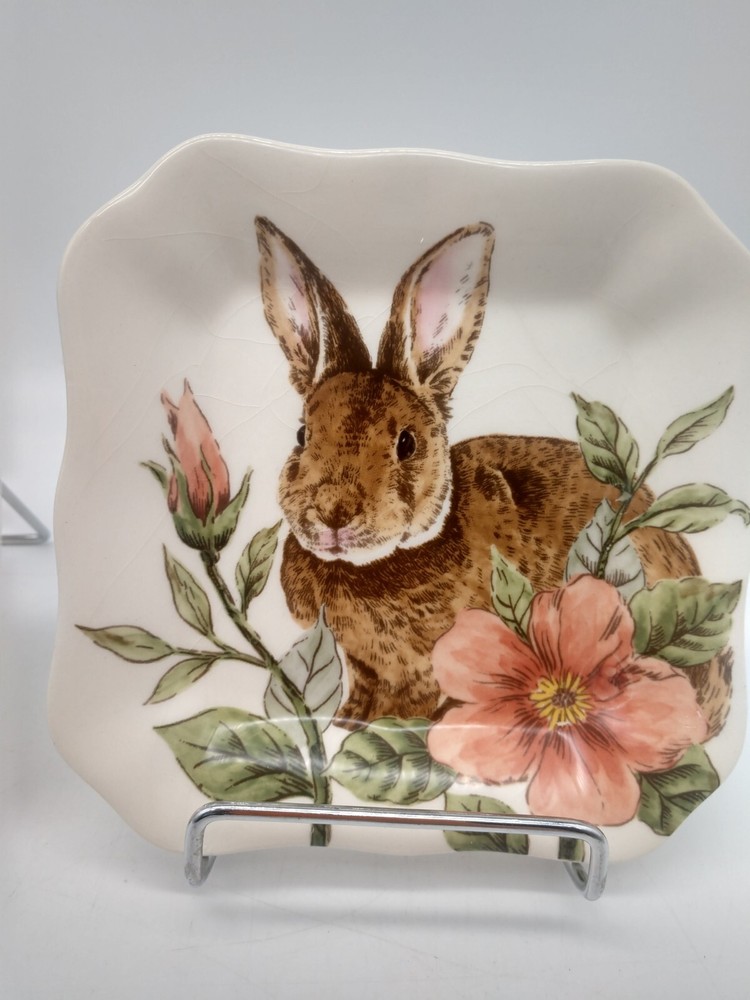 2 Floral Bunny Maxcera Ceramic Square Appetizer Plates 5 x 5 inches