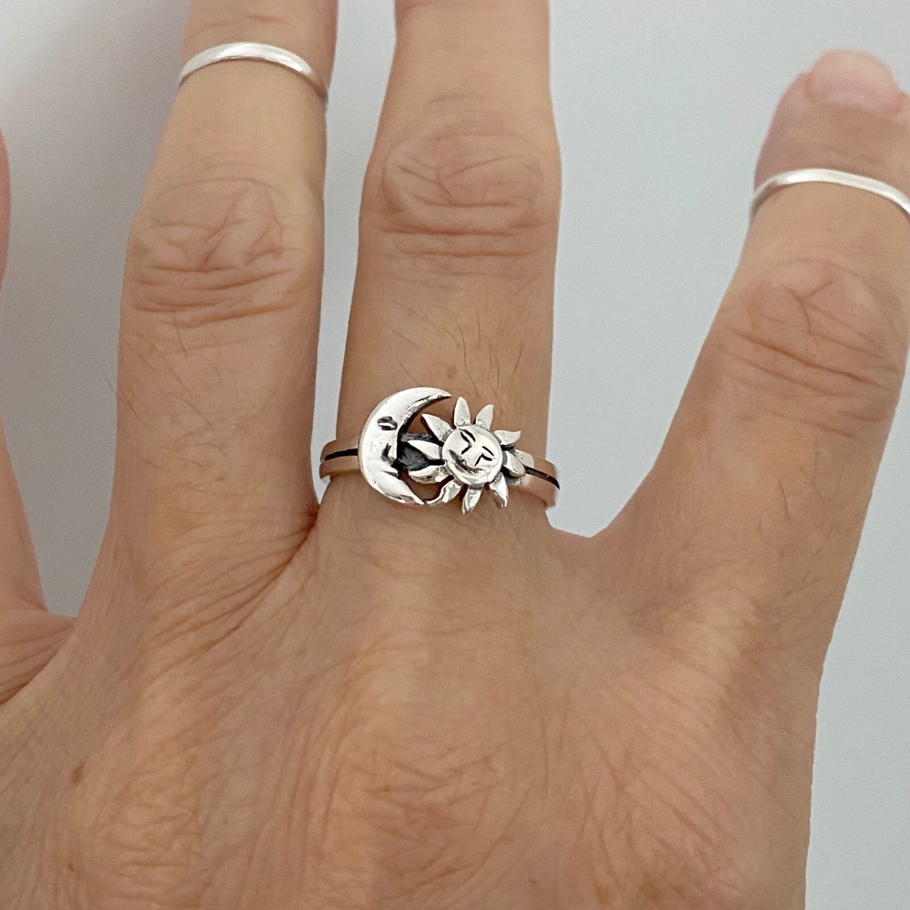 Sterling Silver Face Moon and Sun Ring, Silver Ring, Boho Ring, Moon Ring