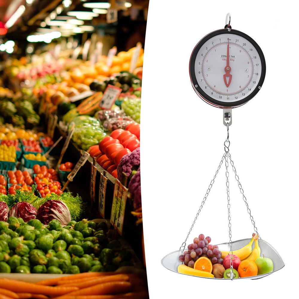 22LBS Double-Sided Dial Mechanical Hanging Scale with Scoop/Chain for Kitchen