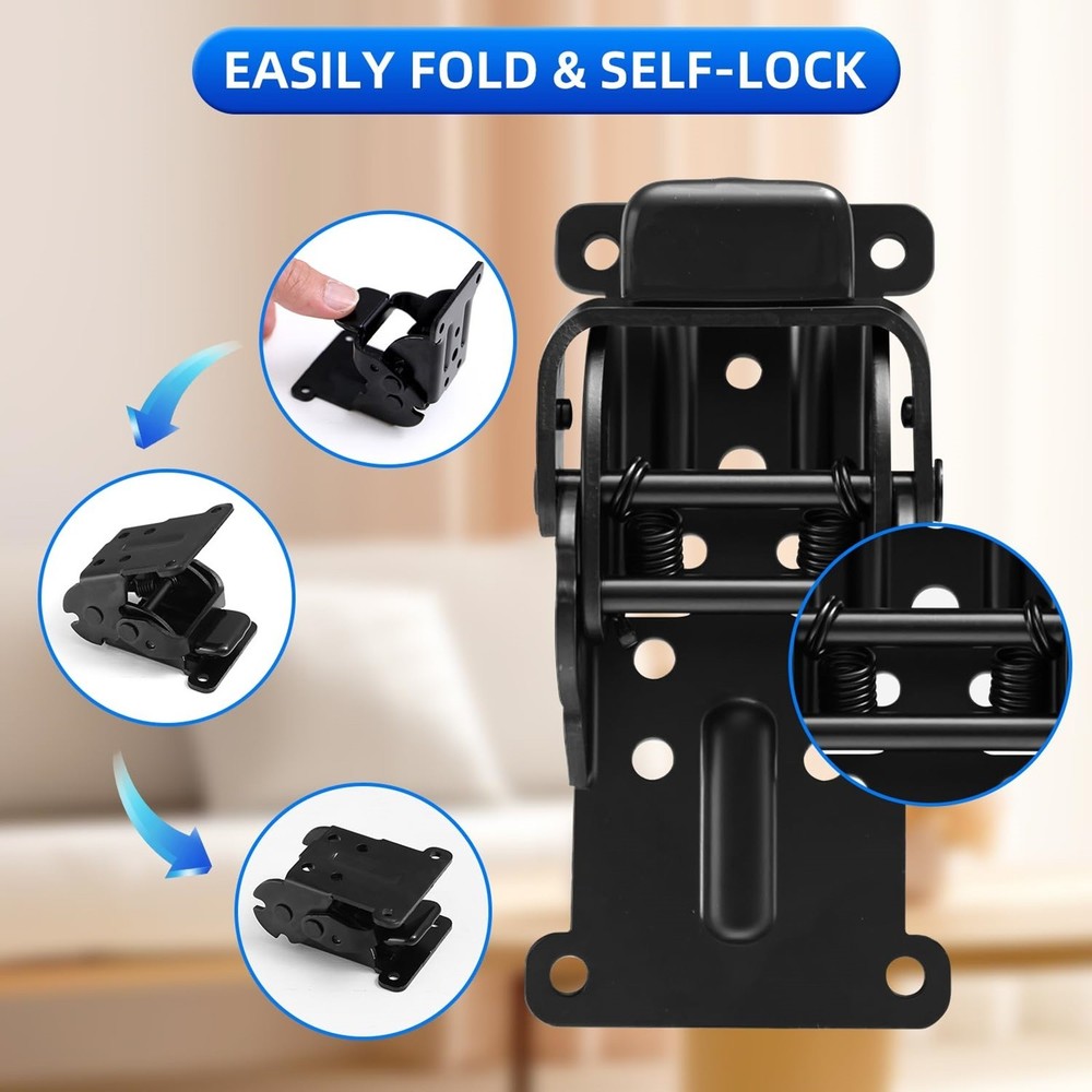 Heavy-Duty Steel Self-Locking Folding Hinges, 8-Pack, Black