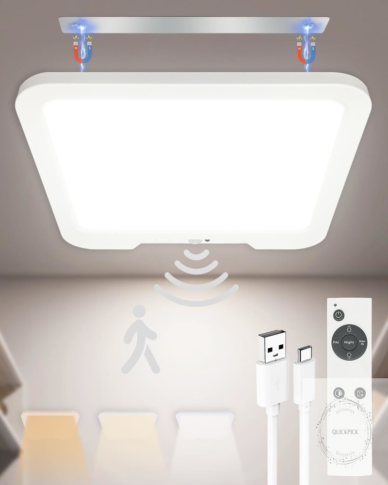 Rechargeable Motion Sensor Ceiling Light with Remote, Dimmable Magnetic Mount
