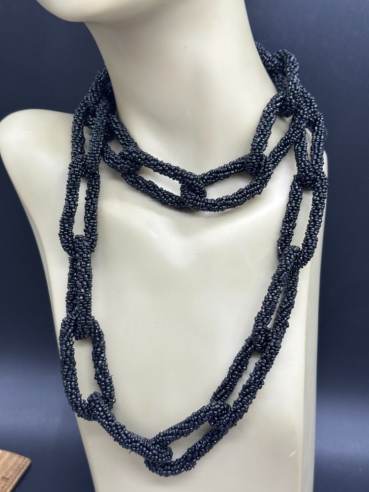 ESTATE HUGE STATEMENT BLACK SEED BEAD SEEDBEAD CHAIN NECKLACE 40"