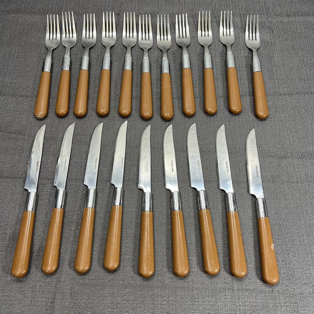 Vintage 20 Piece Butterscotch/Brown Plastic Handles  Stainless Flatware